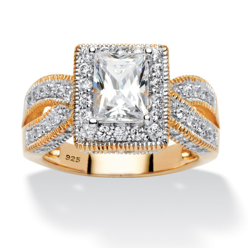 2.02 TCW Emerald-Cut Cubic Zirconia Milgrain Double Shank Ring in 14k Gold-plated Sterling Silver