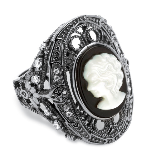 Onyx and Mother-of-Pearl Cameo and Cubic Zirconia Cocktail Ring in Black Rhodium-Plated