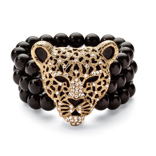 Crystal Leopard Genuine Onyx Stretch Bracelet in Yellow Goldtone