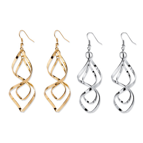 Free-Form Silvertone and Yellow Goldtone Twist Earrings Two-Pair Set