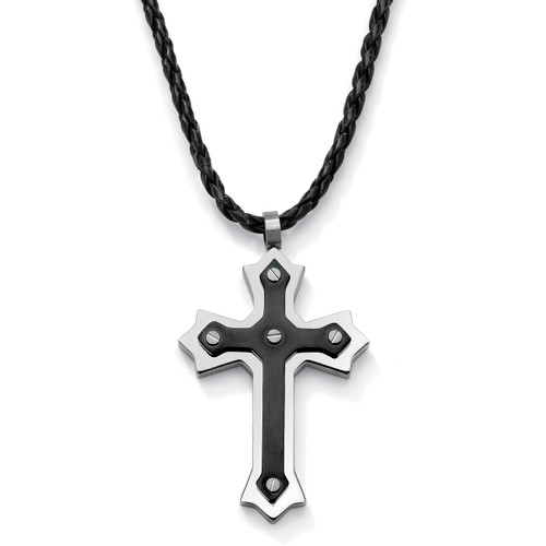 Men's Cross Pendant and Cord Necklace in Stainless Steel and Black IP Stainless Steel 30" - 33"