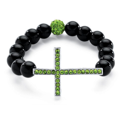 Genuine Onyx Beaded Horizontal Cross Simulated Birthstone Stretch Bracelet in Silvertone 8"