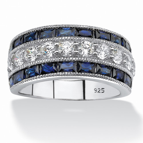 5.60 TCW Emerald-Cut Created Sapphire and Round Cubic Zirconia Ring in Platinum over Sterling Silver