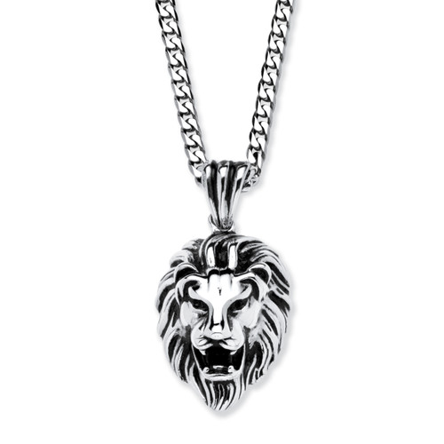 Lion's Head Pendant and Chain in Antiqued Stainless Steel 24"