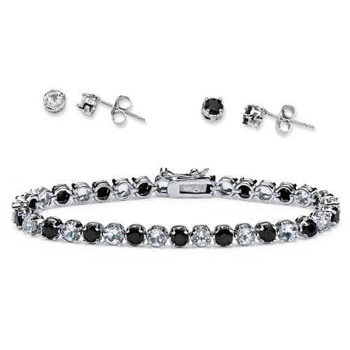 Midnight Sapphire and Topaz Bracelet and 2-Pair Earrings Set in Silvertone