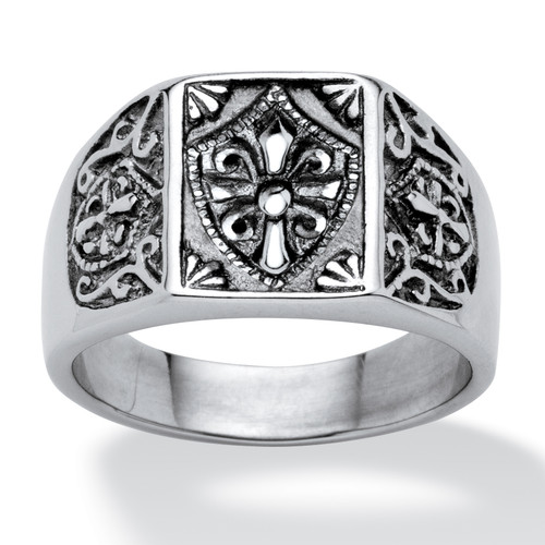 Men's Cross and Crest Signet Ring in Stainless Steel