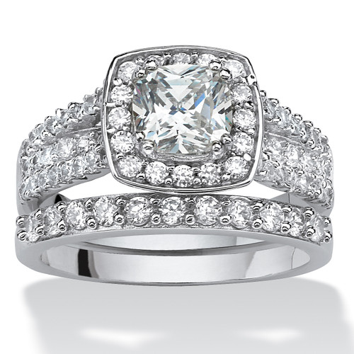 2.62 TCW Cushion-Cut Zirconia 2-Piece Halo Bridal Ring Set in Platinum-plated Sterling Silver