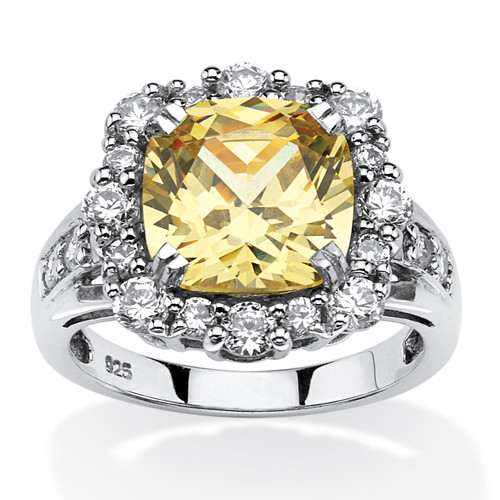 3.63 TCW Cushion-Cut Canary Cubic Zirconia Halo Ring Set in Platinum-plated Sterling Silver
