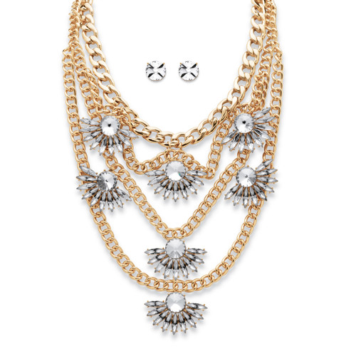 Round and Marquise-Cut Crystal Multi-Chain Fan Motif Necklace and Earrings Set in Goldtone 19"-22"