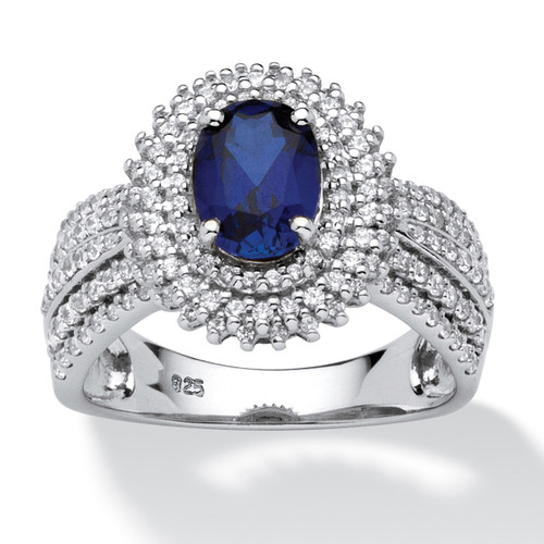 2.18 TCW Oval-Cut Created Blue Sapphire Halo Ring in Platinum-plated Sterling Silver