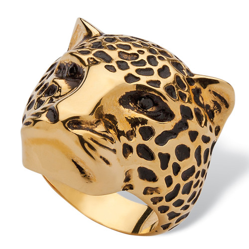 Black Pave Crystal Leopard Fashion Ring Yellow Gold-Plated