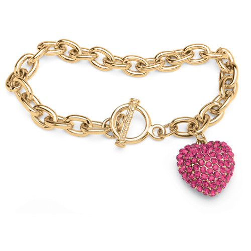 Crystal Heart Charm Simulated Birthstone Toggle Bracelet in Yellow Goldtone