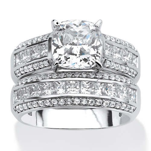 3.37 TCW Cushion-Cut Cubic Zirconia Two-Piece Bridal Set in Platinum-plated Sterling Silver