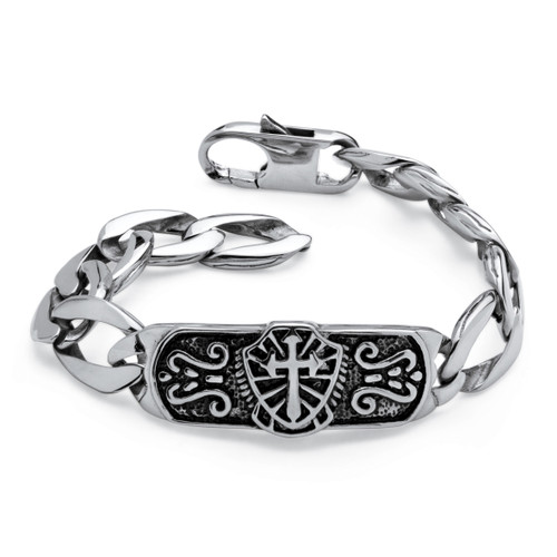 Men's Cross and Shield I.D. Link Etched Bracelet in Antiqued Stainless Steel 10"