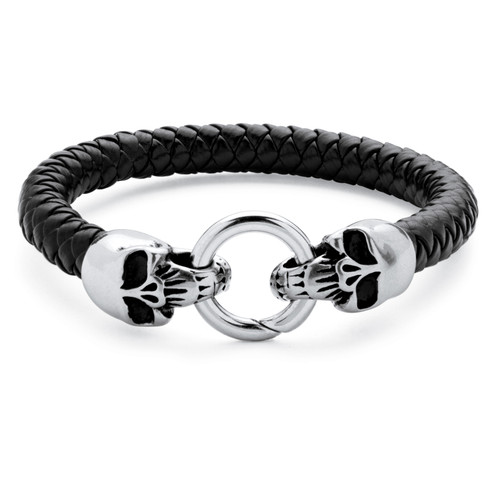 Men's Stainless Steel and Black Leather Linking Skull Bracelet 9"