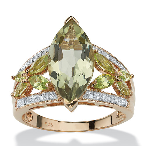 4.83 TCW Marquise-Cut Genuine Green Amethyst and Diamond Ring in 18k Gold-plated Sterling Silver