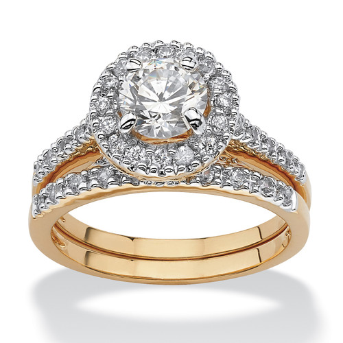 1.79 TCW Round Cubic Zirconia 18k Gold-Plated Bridal Engagement Ring Wedding Band Set
