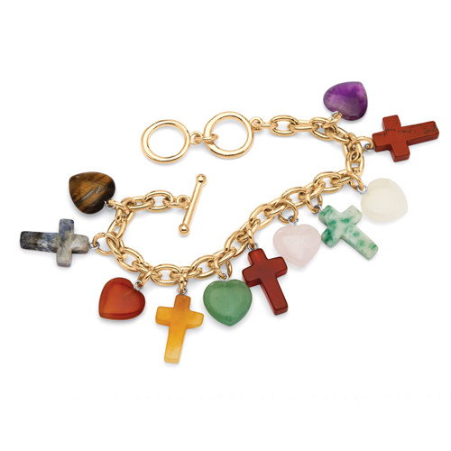 Multicolor Agate Heart and Cross Charm Bracelet in Yellow Goldtone