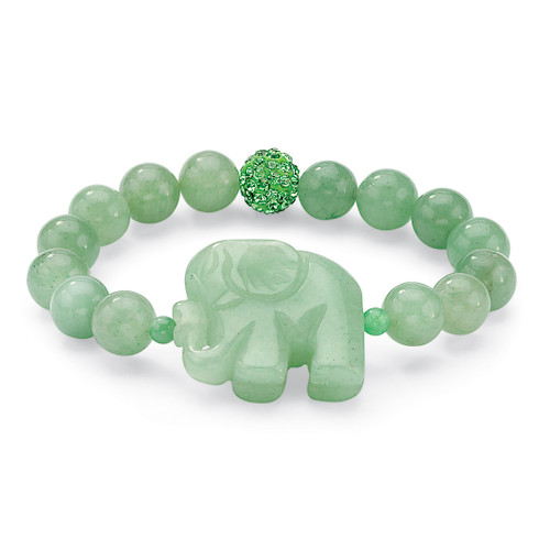 Green Agate Elephant and Simulated Emerald Beaded Stretch Bracelet 8"