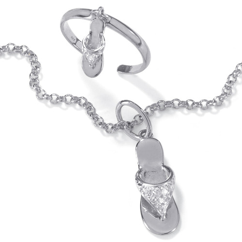 Diamond Accent Platinum over Silver 9" Flip-Flop Ankle Bracelet and Toe Ring Set