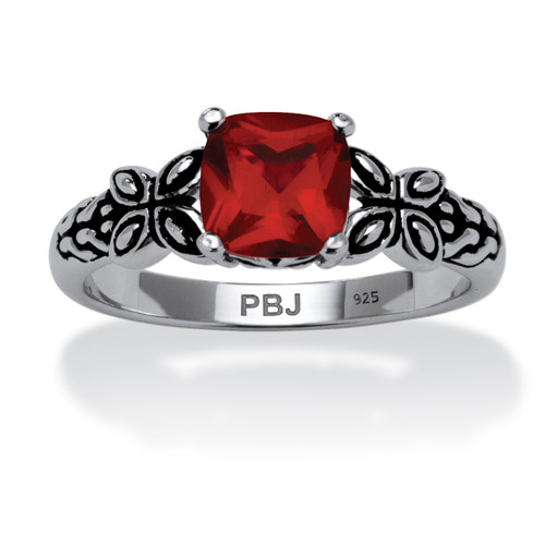 Cushion-Cut Simulated Birthstone Butterfly and Scroll Ring in Antiqued Sterling Silver