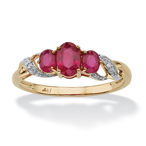 1 TCW Oval-Cut Ruby and Diamond Accent Three Stone Ring in 10k Gold