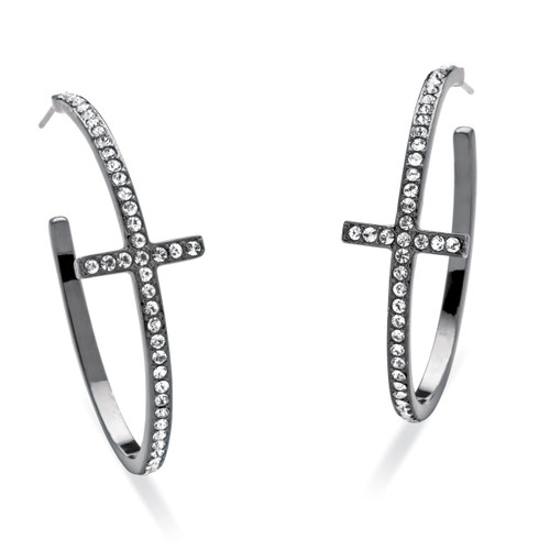 Round Crystal Cross Hoop Earrings Black Rhodium-Plated (1 1/2")