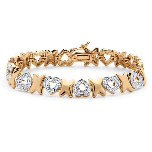 Diamond Accent Hearts and Kisses Pave Bracelet 18k Gold-Plated 7"