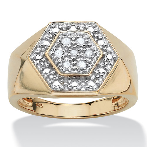 Men's 1/10 TCW Round Diamond Hexagon Ring in 18k Gold-plated Sterling Silver
