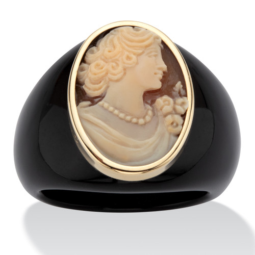 Oval-Shaped Genuine Shell Cameo Genuine Onyx 10k Yellow Gold Classic Cameo Ring
