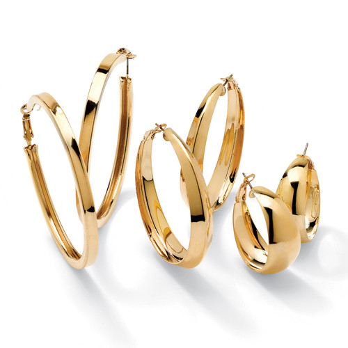 3 Pair Hoop Earrings Set in Yellow Goldtone (2 1/2", 2", 1 1/5")