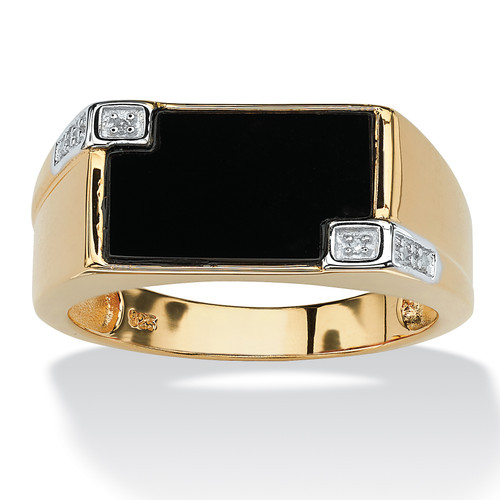 Men's Genuine Onyx and Diamond Accent Rectangular Ring in 14k Gold-plated Sterling Silver