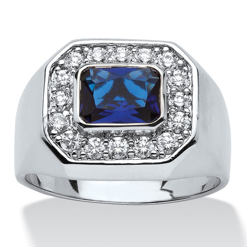 Men's .53 TCW Bezel-Set Blue Glass and Cubic Zirconia Octagon Ring in Silvertone Sizes 9-16