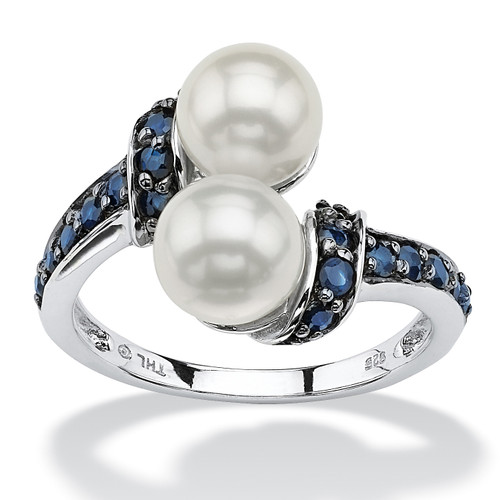 .79 TCW Midnight Blue Genuine Sapphire and Freshwater Pearl Platinum over Sterling Silver Ring