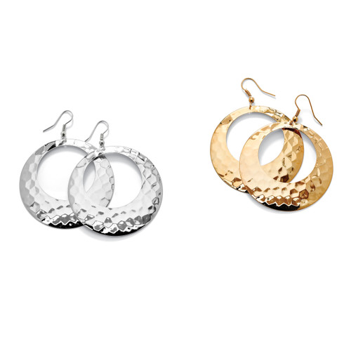 2 Pair Hammered-Style Hoop Earrings Set in Yellow Goldtone and Silvertone (2")