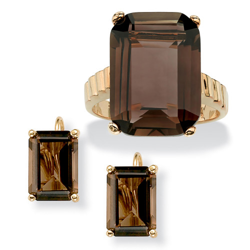 2 Piece 25.25 TCW Emerald-Cut Smoky Quartz Ring and Earrings Set in Gold-Plated
