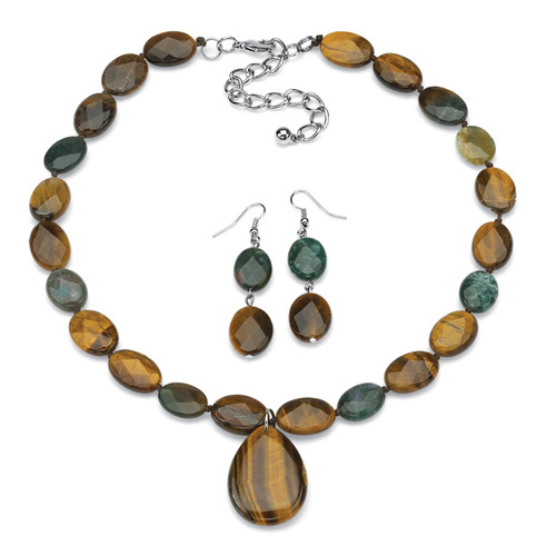 Genuine Jasper and Faceted Tiger's Eye Necklace and Drop Earrings Set in Silvertone 18"