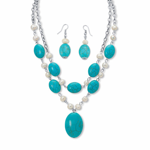 Genuine Turquoise and Cultured Freshwater Pearl Silvertone Necklace and Earrings Set 17"