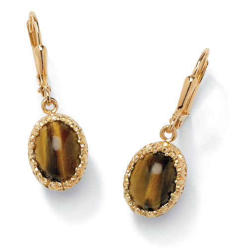 Genuine Oval Tiger's Eye Cabochon Drop Earrings Yellow Gold-Plated