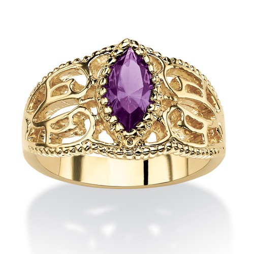 Marquise-Cut Simulated Birthstone Filigree Ring in Gold-Plated Finish