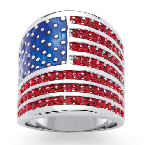 Round Simulated Red Ruby Patriotic American Flag Wide Band Ring 2.08 TCW in Silvertone