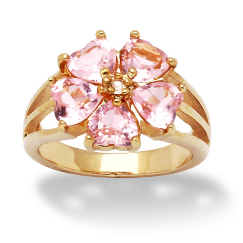 4 TCW Heart-Shaped Pink Cubic Zirconia Yellow Gold-Plated Flower Ring