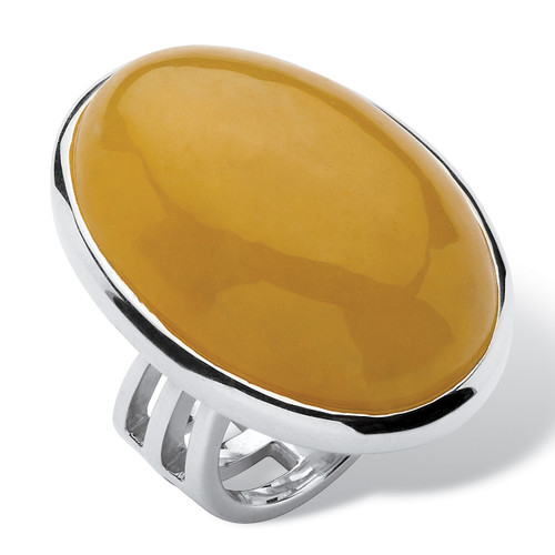 Genuine Yellow Jade .925 Sterling Silver Oval Cabochon Cocktail Ring