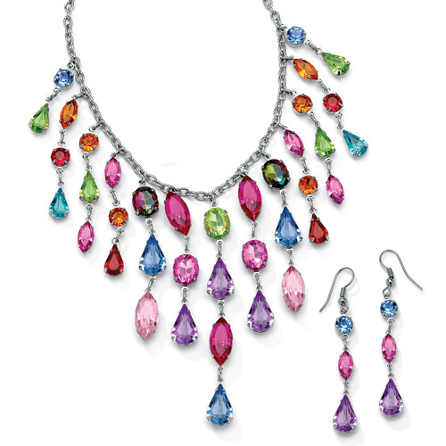 Multicolor Crystal Bib Necklace and Earrings Two-Piece Set in Antiqued Silvertone