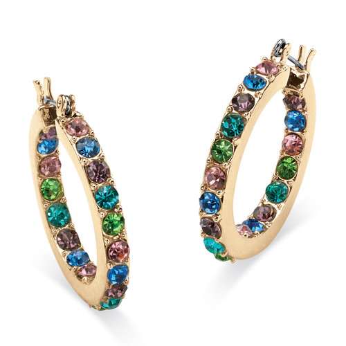 Round Multicolor Crystal Inside-Out Hoop Earrings in Yellow Goldtone
