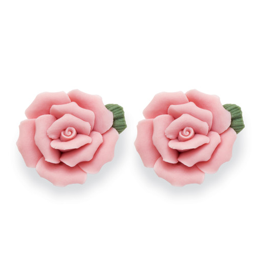 Pink Ceramic Blooming Rose Stud Earrings with Surgical Steel Posts