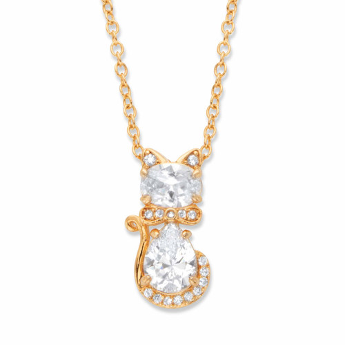 Oval and Pear-Cut Cubic Zirconia Cat Pendant Necklace 1.88 TCW Gold-Plated 18"-20"