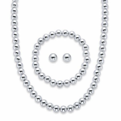 Round Beaded 3-Piece Strand Necklace, Stud Earring and Stretch Bracelet Set in Silvertone 18"-21" (8mm)