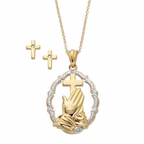 Diamond Accent Two-Tone 14k Gold-plated Sterling Silver 2-Piece Set Praying Hands Pendant Necklace with Cross Earrings 18"