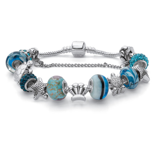 Round Blue Crystal "Sea Life" Turtle and Starfish Charm Bracelet Silvertone 8" Length
